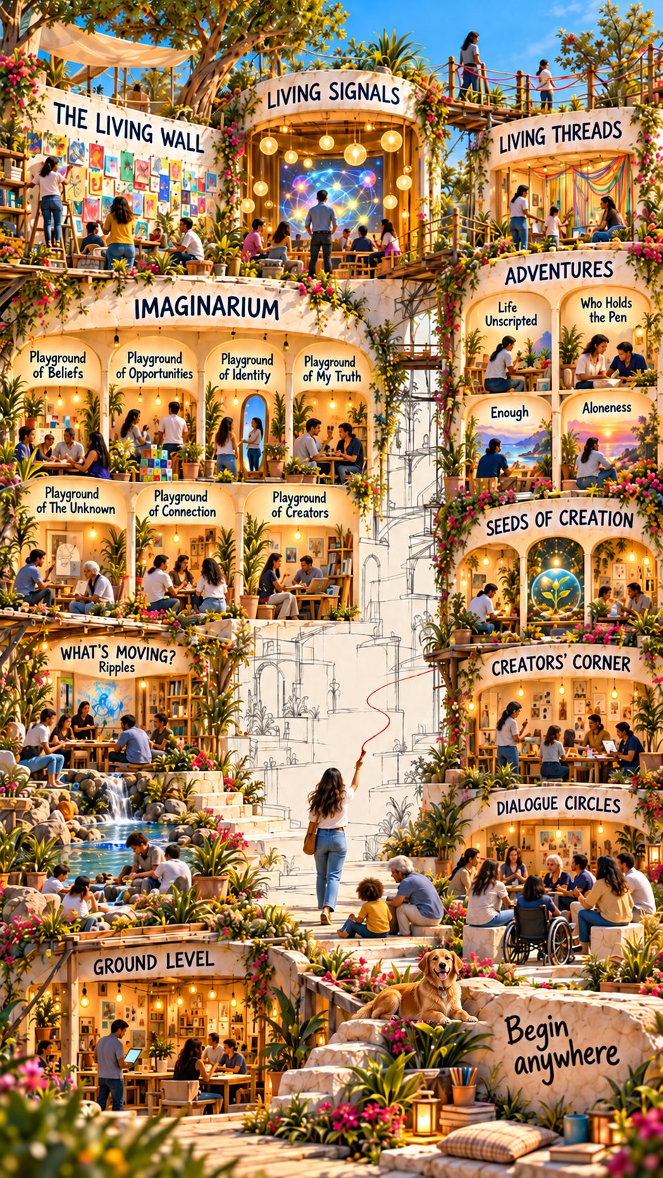 The playground map — The Living Wall, Living Signals, Living Threads, Imaginarium, Adventures, Seeds of Creation, What's Moving? Ripples, Creators' Corner, Dialogue Circles, Ground Level. Begin anywhere.
