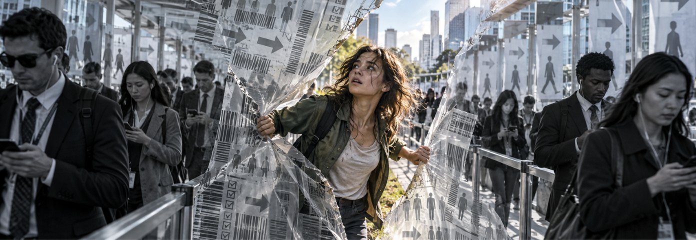 A woman tears through a wall of barcodes and arrows while commuters around her keep staring at their phones